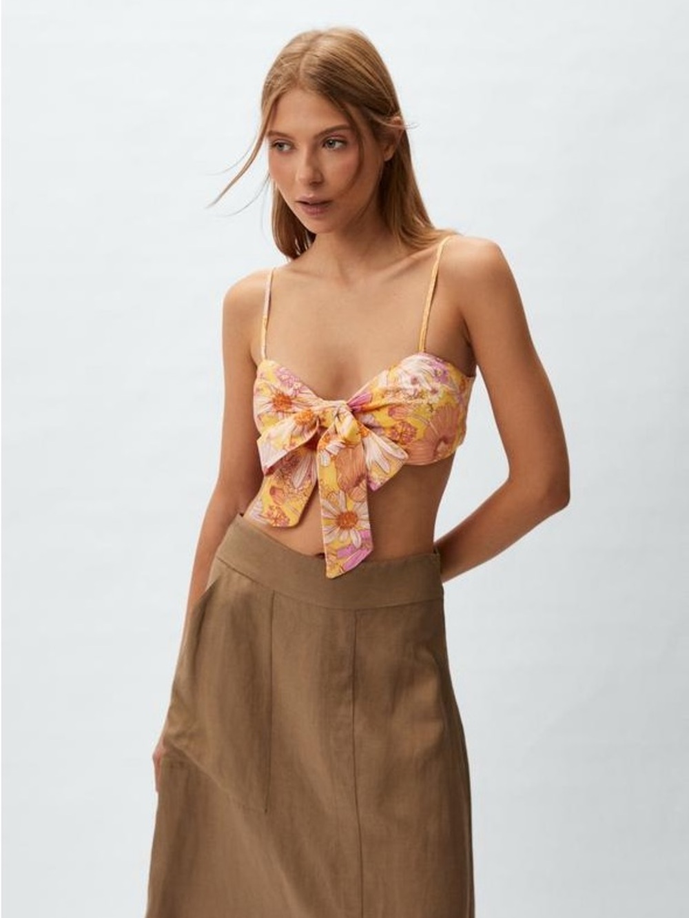 H&M Yellow & Pink Floral Tie-Front linen-blend bralette top